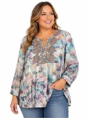 Soft Surroundings Petite XL Boho Embellished Peasant Top Watercolor Print